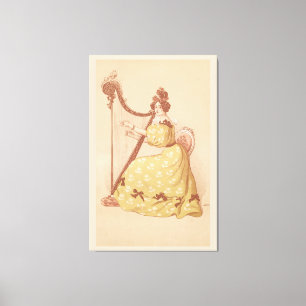 Liebliche Vintage Dame, die Musik auf Harfe spielt Leinwanddruck