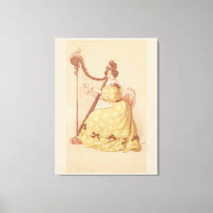 Liebliche Vintage Dame, die Musik auf Harfe spielt Leinwanddruck