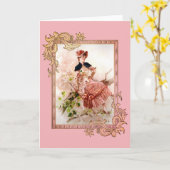 Liebliche Vintage Dame in rosa Kleid Karte (Gelbe Blume)