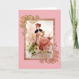 Liebliche Vintage Dame in rosa Kleid Karte