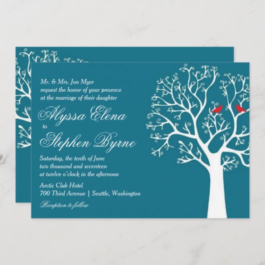 Liebliche Vögel in rauschenden Bäumen Hochzeit ode Einladung (Vorne/Hinten)