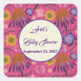 Liebliche Wildblume Pink Baby Dusche Favoriten Quadratischer Aufkleber