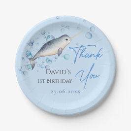 Lieblicher Baby-Junge Narwhal Blasen 1. Geburtstag Pappteller