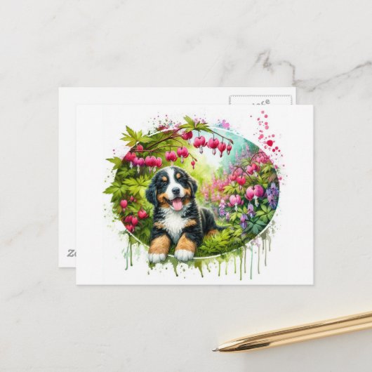 Lieblicher Frühlings-Berner-Sennenhund Postkarte (Vorderseite/Rückseite Beispiel)