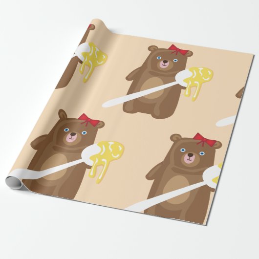 Lieblicher Honigbär mit Löffel und Rotem Bow Geschenkpapier (Ungerollt)