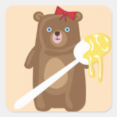 Lieblicher Honigbär mit Löffel und Rotem Bow Quadratischer Aufkleber (Vorderseite)
