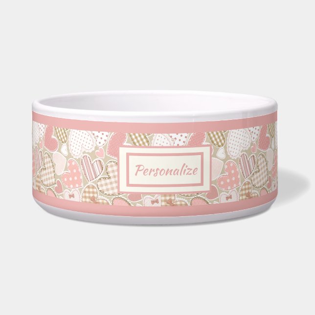 Lieblicher rosa Muster Quilt Herz Muster Katze Hun Napf (Vorderseite)