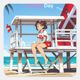 Lieblicher Tag mit mir am sonnigen Strand. Aufkleb Quadratischer Aufkleber