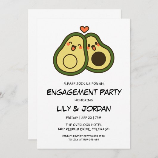 Liebliches Avocado-Paar Cartoon Verlobung Einladung (Vorne/Hinten)
