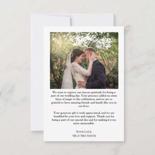 Liebliches einfaches Hochzeitsstipendium dank Foto Dankeskarte (Rückseite)