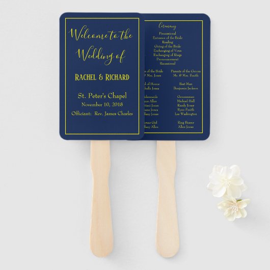 Liebliches Hochzeitsprogramm für Blau und Gelb Fächer (Vorne und Hinten)