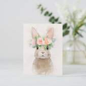 Liebliches Kaninchen mit Blume Crown Portrait Postkarte (Stehend Vorderseite)