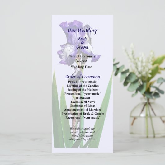 Liebliches Lila Irisches Hochzeitsprogramm Programm (Stehend Vorderseite)