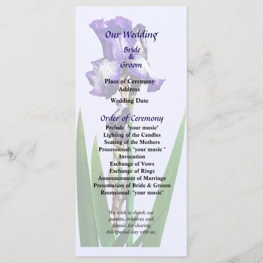 Liebliches Lila Irisches Hochzeitsprogramm Programm (Vorderseite)