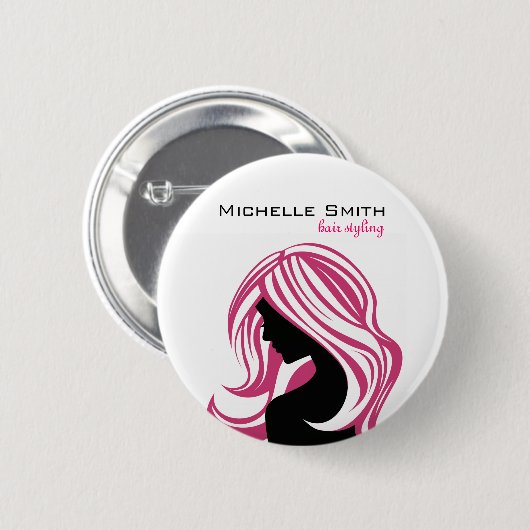 Liebliches Mädchen mit rosa Haar Haarstyling Brand Button (Vorne & Hinten)