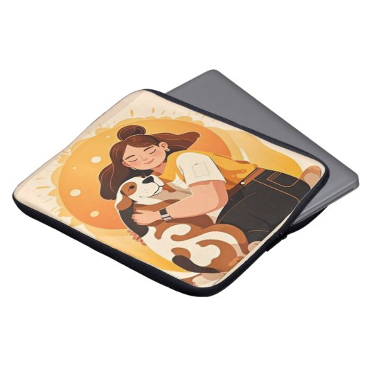 Liebliches Mädchen und Hundehug Laptopschutzhülle (Vorne Oben)