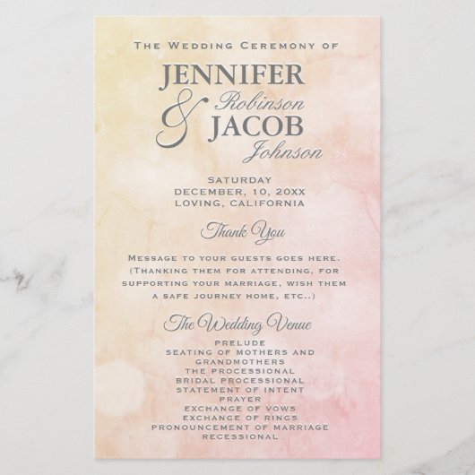 Liebliches Peach Wedding Programm (Vorderseite)