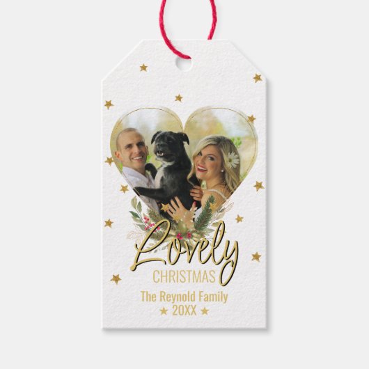 Liebliches Weihnachts-Gold-Glitzer-Stars Foto Herz Geschenkanhänger (Vorderseite)