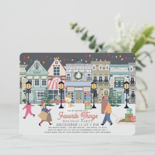Lieblings-Dinge Weihnachtsfeier Einladung (Stehend Vorderseite)