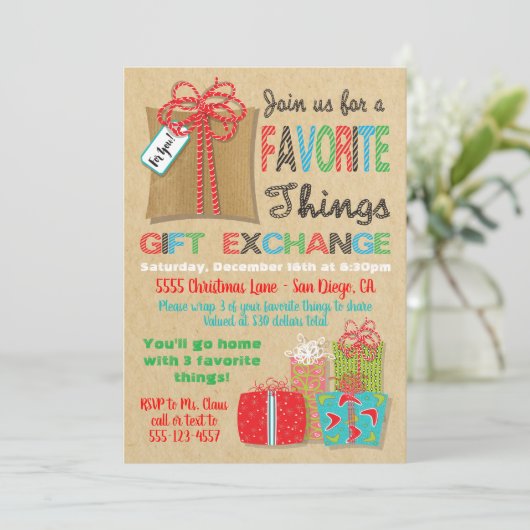 Lieblings-Dinge Weihnachtsgeschenke Exchange Einladung (Stehend Vorderseite)
