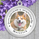 Lieblings-Hallo Hardest Goodbye Pet Hund Memorial Versilberte Kette<br><div class="desc">Ehre deinen besten Freund mit einer eigenen Foto-Gedenkstätte Halskette. Dieser einzigartige Denkmalschutz ist das perfekte Geschenk für sich selbst, Familie oder Freunde, um Ihre Liebsten zu ehren. Diese einzigartige Hundeschlittenhalskette zeichnet sich durch ein einfaches Schwarz-Weiß-Design mit dekorativen Schriften aus. Zitat "Du warst mein Lieblings-Hallo und mein schwerster Abschied". Passen Sie...</div>