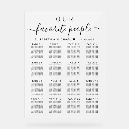 Lieblings-Leute 16 Mattierte Hochzeitssitze Acrylschild (Vorderseite)