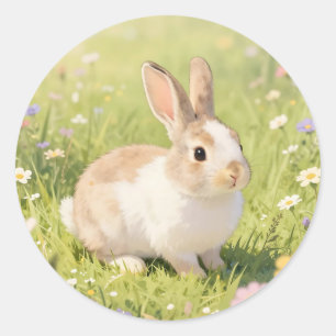 Liebreizende flauschige Kaninchen-Wildblumenwiese Runder Aufkleber