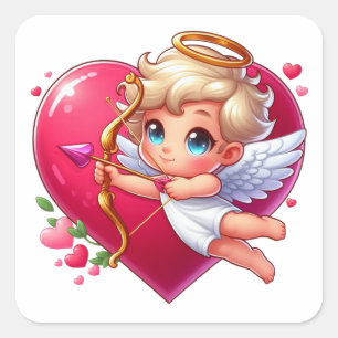 Liebreizender fliegender Cupid mit Herz und Pfeil  Quadratischer Aufkleber
