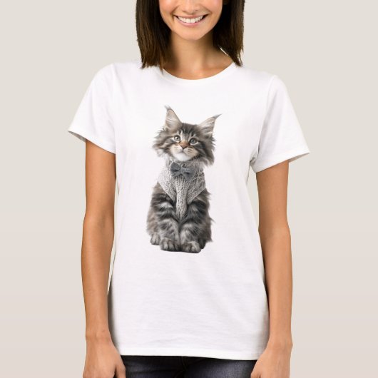 Liebreizendes Fluffiges Kätzchen mit Gestrickter F T-Shirt (Vorderseite)