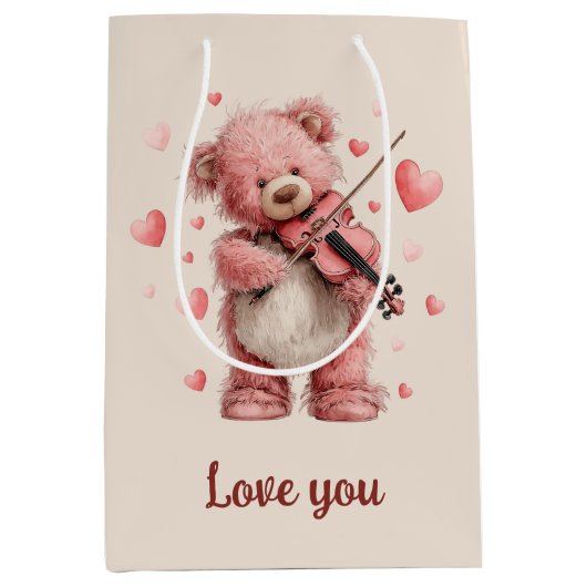 Liebst du Teddy mit Violine Mittlere Geschenktüte (Vorderseite)