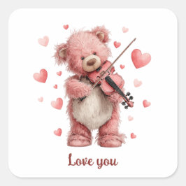 Liebst Du Teddy mit Violine Quadratischer Aufkleber