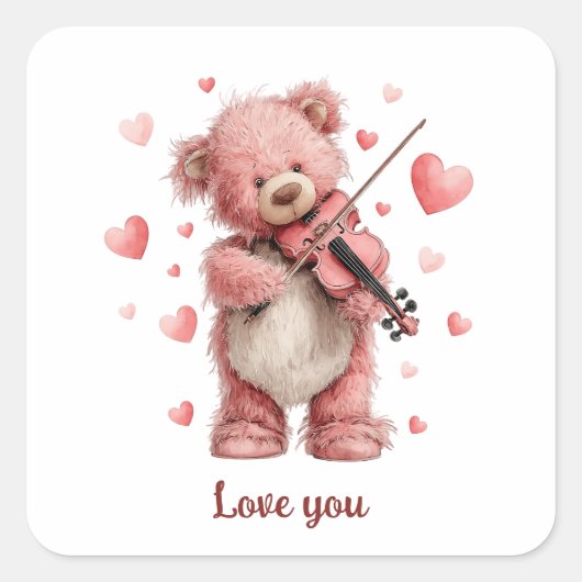 Liebst Du Teddy mit Violine Quadratischer Aufkleber (Vorderseite)