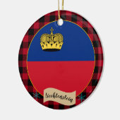 Liechtensteinische Flagge, karierter roter Büffel, Keramik Ornament (Links)