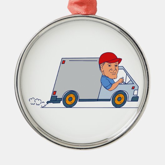 Lieferbote, der Truck Van Cartoon fährt Silbernes Ornament (Vorne)