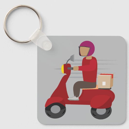 Lieferperson fährt Roller Schlüsselanhänger (Vorderseite)