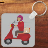 Lieferperson fährt Roller Schlüsselanhänger (Rückseite)
