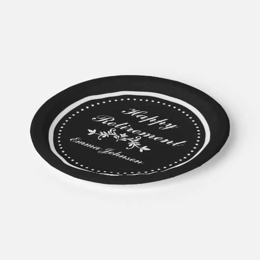 Lieferumfang für das Schwarz-Weiß-Happy-Rente-Part Pappteller (Schrägansicht)