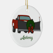 Lieferwagen LKW mit Schneepflug und Weihnachtskran Keramik Ornament (Rechts)