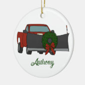 Lieferwagen LKW mit Schneepflug und Weihnachtskran Keramik Ornament (Links)