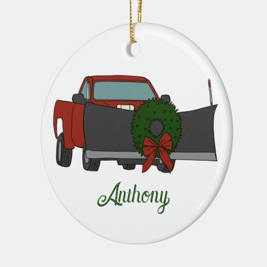 Lieferwagen LKW mit Schneepflug und Weihnachtskran Keramik Ornament (Links)