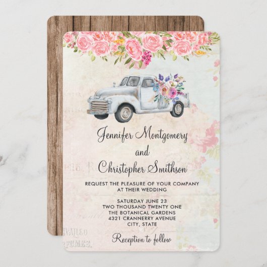 Lieferwagen LKW und Blume Rustikale Hochzeit Einladung (Vorne/Hinten)