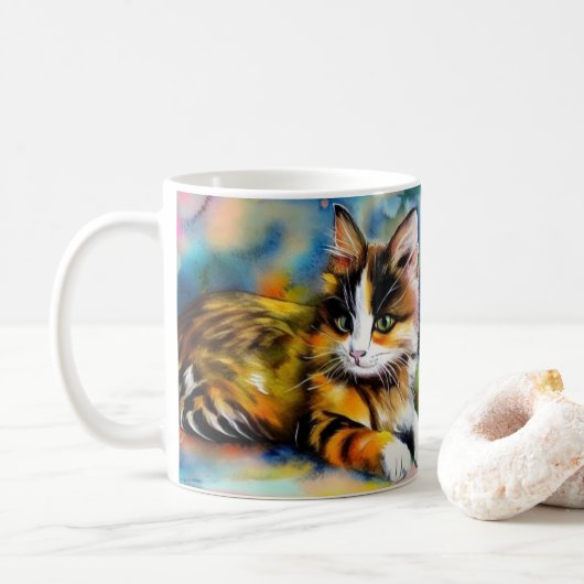 Liegende Katze, Aquarell -  Kaffeetasse (Mit Donut)