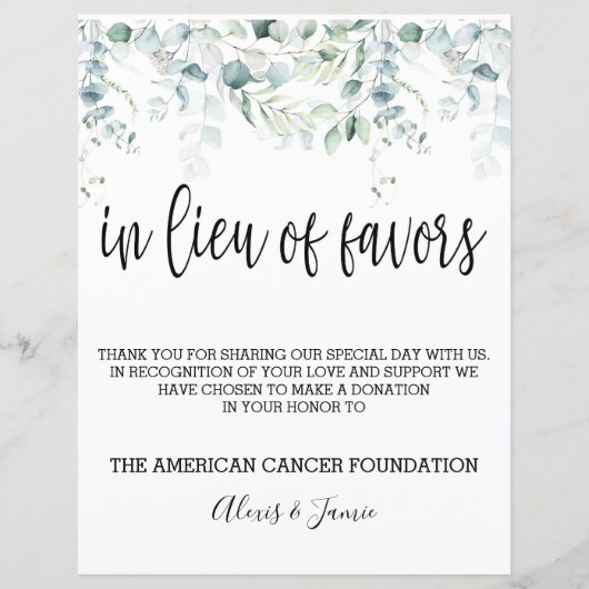 Lieu of favors Sign - Eukalyptus Wedding - V (Vorderseite)