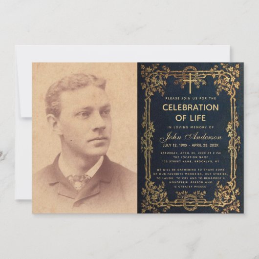 Life Celebration Beerdigung Foto Blue Gold Weintra Einladung (Vorderseite)