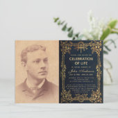 Life Celebration Beerdigung Foto Blue Gold Weintra Einladung (Stehend Vorderseite)