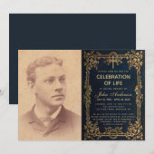 Life Celebration Beerdigung Foto Blue Gold Weintra Einladung (Vorne/Hinten)