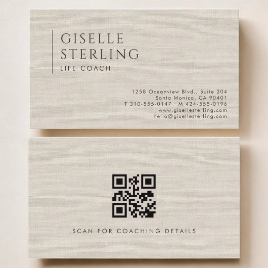 Life Coach Luxury Neutral Linen QR Code Visitenkarte