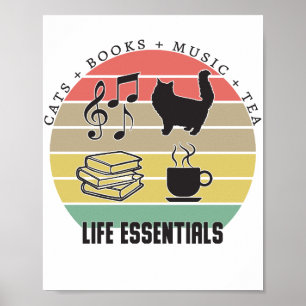 Life Essentials Cats, Tea, Books, Music Vintage  Poster