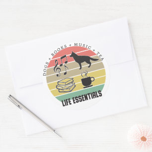 Life Essentials Hunde, Tee, Bücher, Musik Vintag Runder Aufkleber