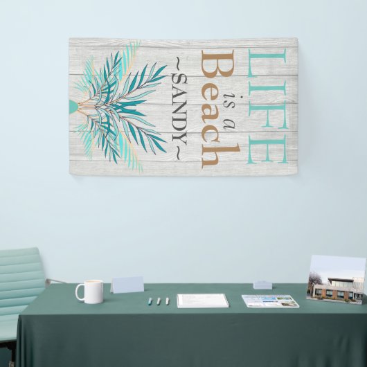 LIFE IST EIN BEACH Whitewash Wood Aquamarin Palm B Banner (Messeveranstaltung)